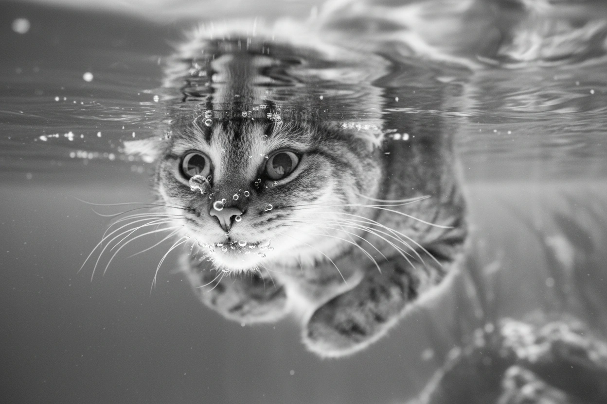 Diving Cat black-and-white (N9 Vision image)