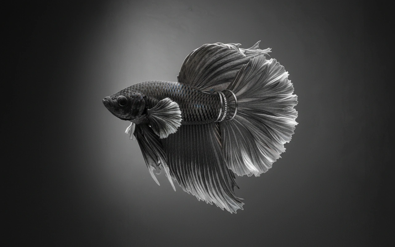 Black-and-white betta fish styled like the dress image, wearing jewelry
